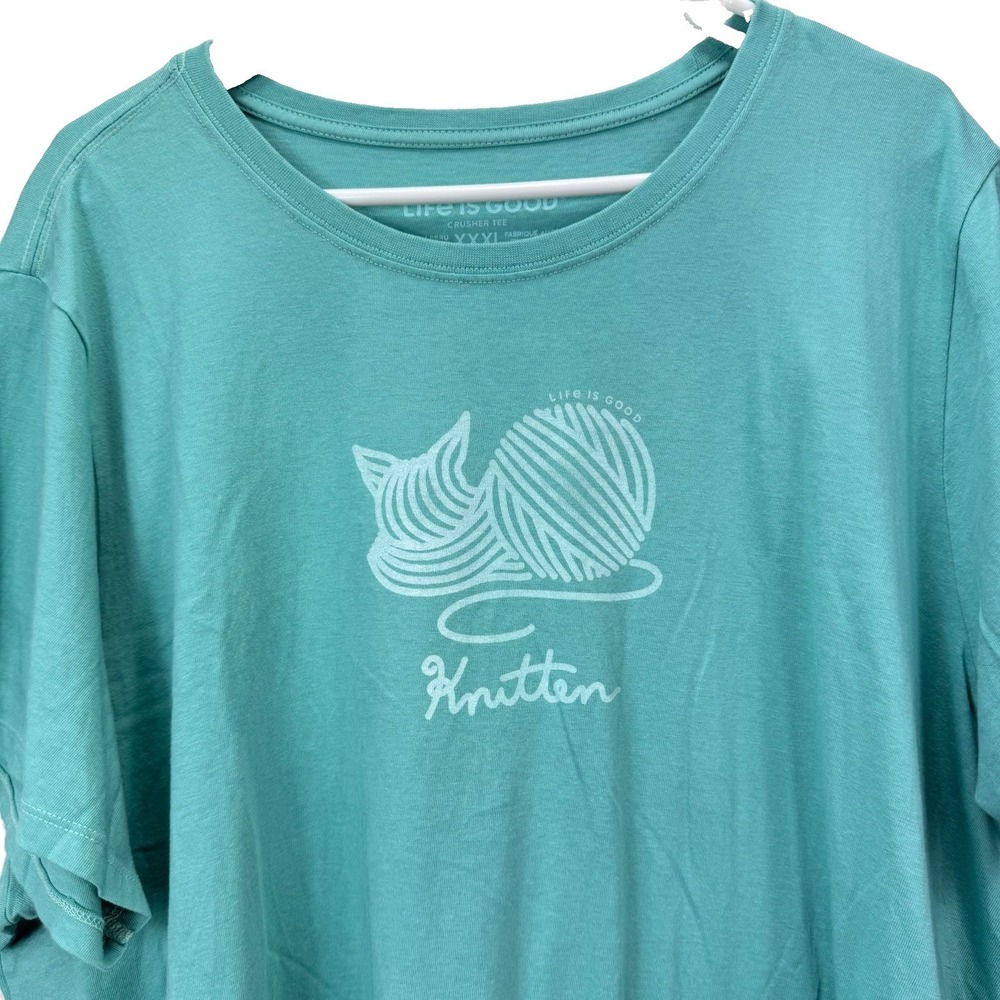 Life‎ is Good Aqua Cat Yarn Knitting Crew Neck Short Sleeve Crusher Tee XXXL 3X